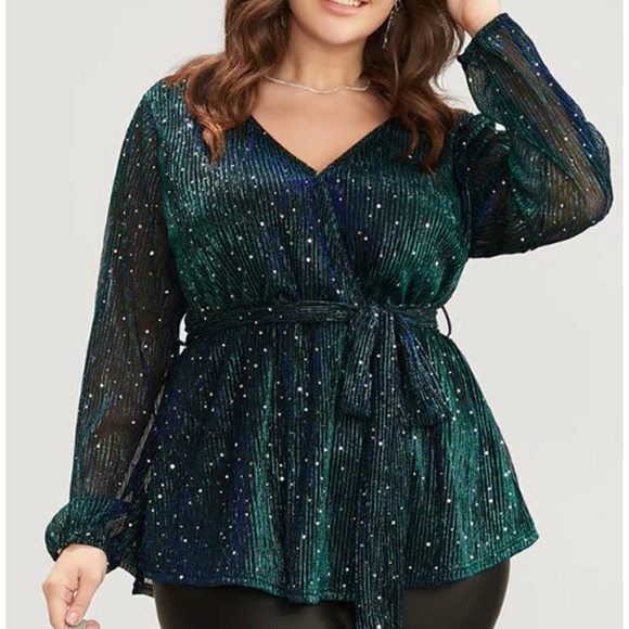 BLOOMCHIC Tops - BLOOMCHIC SZ 14-16 Sequin Mesh Lantern Sleeve Wrap Belted Blouse NWOT